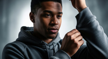 Young african male wearing a hooded sweatshirt, adjusting his sleeve while looking thoughtfully to the side.