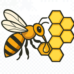 Bee collecting honey from golden honeycomb. Perfect for nature blogs, health articles, food packaging designs, and beekeeping promotion materials.