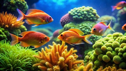 Fototapeta premium Vibrant Reef Inhabitants Swimming Amongst Lush Coral and Aquatic Plants