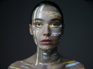 Futuristic portrait of a woman with abstract digital data projected on her face