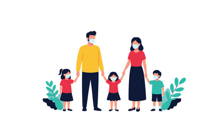 Family wearing face masks and holding hands, symbolizing protection and unity during a pandemic.
