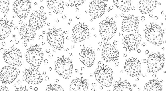 Seamless pattern of hand-drawn strawberries and circles on a white background.
