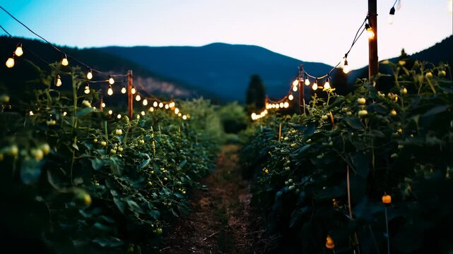 Walking Through Rows of Green Tomatoes, String Lights at Dusk