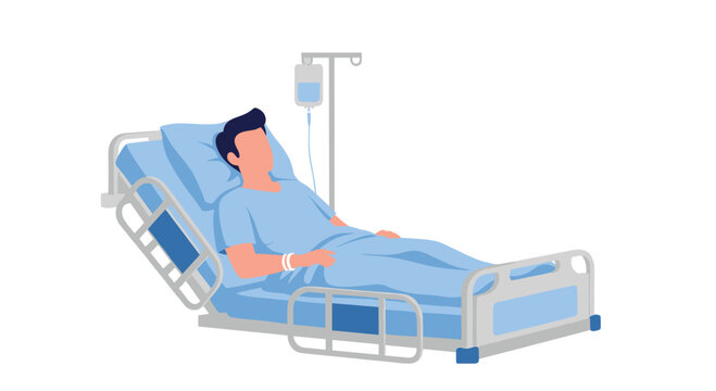 Illustration of a man lying in a hospital bed with an IV drip,.