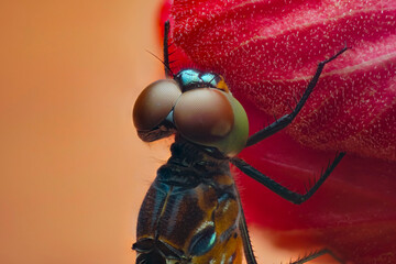 A dragonfly resting on a bright red hibiscus.