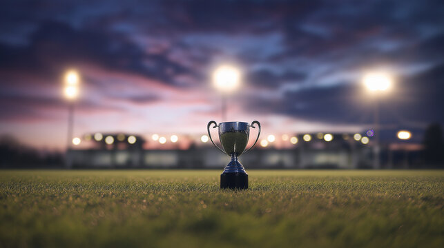 pitch. Empty soccer field at dusk with stadium lights and a trophy in the center. event key visuals, club posters, designed for sports event promotions and stadium branding, boosts motivation.