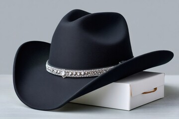 Black felt cowboy hat with rhinestone band resting on box
