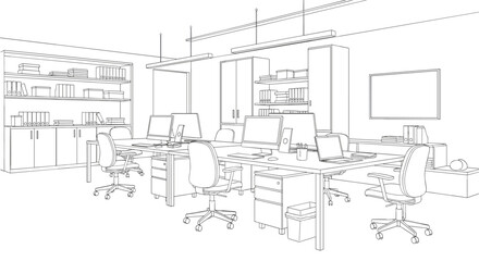 Fototapeta premium Sketch illustration of a modern office with desks, computers, and chairs.