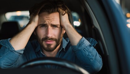 Caucasian Driver'S Frustration: Stress, Worry, And Anger Over Traffic Congestion, Delayed Business, Relationship Strain, And Car Troubles.