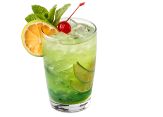 Refreshing green cocktail with orange slice and cherry isolated on transparent background