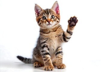 Obraz premium Adorable tabby kitten sitting and waving hello with paw raised against white background