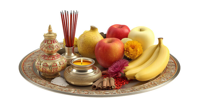 Traditional Indian pooja items on decorative plate, isolated on white background
