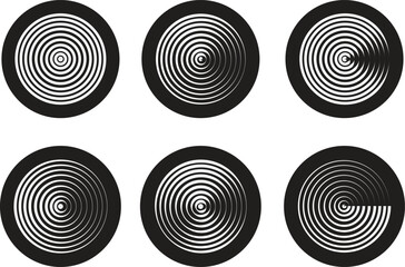 Black circular spiral abstract shape set, optical line art collection, geometric concentric circle group, hypnotic vortex round pattern, minimal flat vector design element bundle