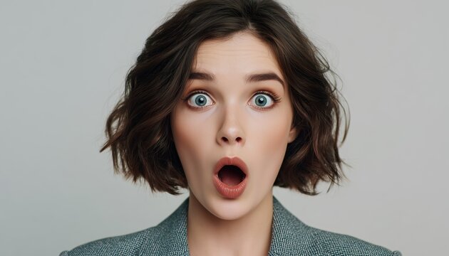 Shocked And Amazed: Portrait Of A Surprised Caucasian Businesswoman In Office, Wondering And Reacting To Unexpected News With Big Eyes.