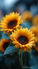 Obraz premium Bright sunflower blossoms showcasing vivid yellow petals against a blurred background, symbolizing warmth and positivity.