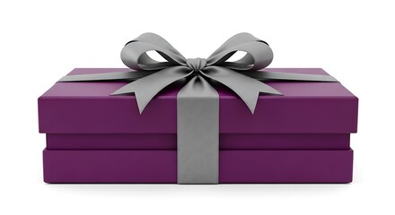 Obraz premium A purple gift box with a silver ribbon is presented on a white background.