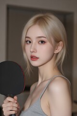 Woman with blonde hair holding a ping pong paddle indoors