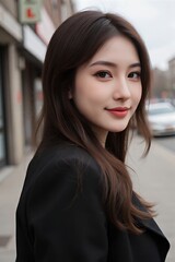 Young woman outdoors posing with city background for portrait