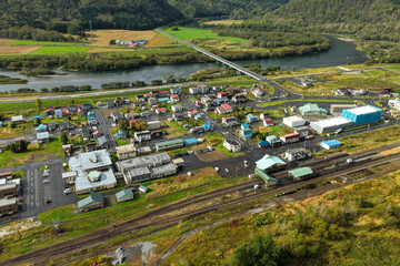 Aerial View of Otoineppu Village, Hokkaido – Rural Town and River Landscape
