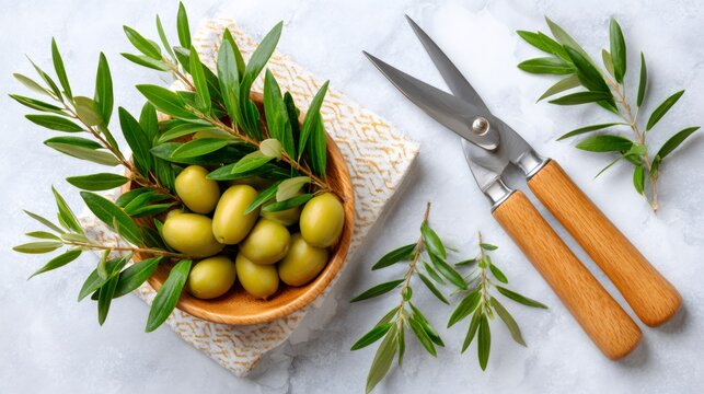 Green olives and olive branches with садовые scissors - Powered by Adobe