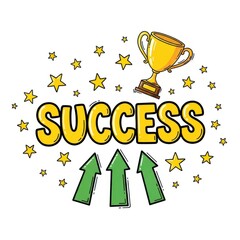 Illustration of success with trophy arrows and stars on a white background design