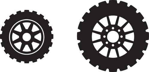 Black silhouette icons of two truck wheels with multi-spoked rims and rugged tread