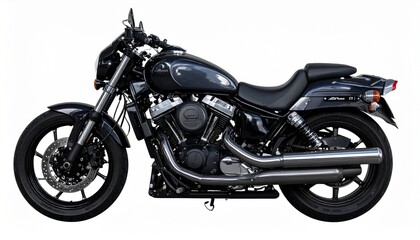 Black cruiser motorcycle with chrome details isolated on white background