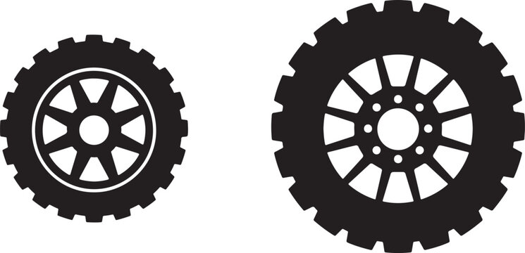 Black silhouette icons of two truck wheels with multi-spoked rims and rugged tread