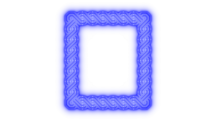 Glowing blue abstract square frame with intricate futuristic geometric braided pattern and rounded corners, modern technology graphic element isolated on transparent background.
