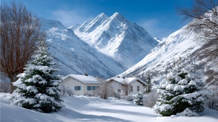 Snow covered houses in a winter mountain landscape