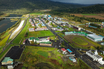 Aerial View of Otoineppu Village, Hokkaido – Rural Town and River Landscape
