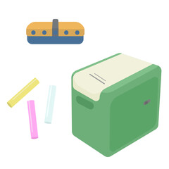 チョークと黒板消しと黒板消しクリーナーのイラスト