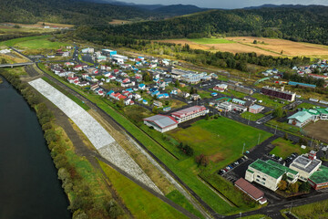 Aerial View of Otoineppu Village, Hokkaido – Rural Town and River Landscape