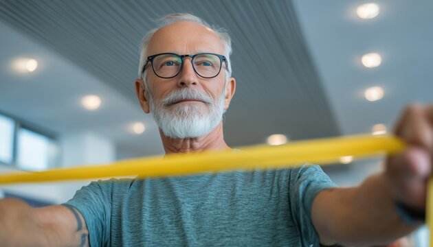 Man In His Prime Using Resistance Band For Exercise At A Vibrant Physiotherapy Center. The Man Is Exercising With A Resistance Band.
