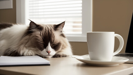 Plakat A ragdoll cat is taking a nap on the desk
