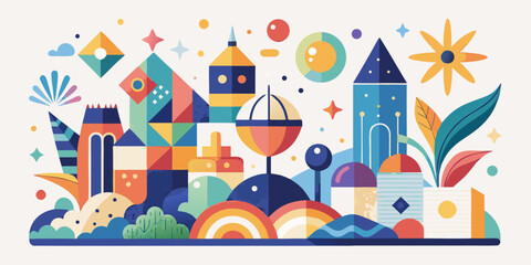 This vector illustration depicts an abstract fairy tale city with castle and house buildings, towers, and a tree in a cartoon design