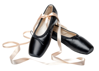 Elegant black ballet pointe shoes with satin ribbons isolated on transparent background