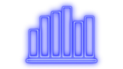 Vibrant blue bar graph outline icon with glowing neon effect representing financial data analysis, business growth, and market trends, isolated on transparent background.