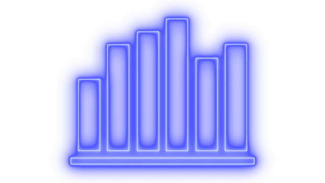 Vibrant blue bar graph outline icon with glowing neon effect representing financial data analysis, business growth, and market trends, isolated on transparent background.