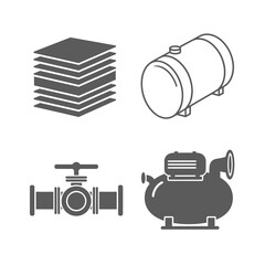 Set of industrial equipment icons including an air compressor, pressure tank, pipe valve, and stacked materials