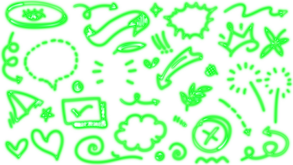 Colorful set of hand drawn glowing neon green doodle vector icons featuring arrows, hearts, stars, abstract shapes, and unique symbols isolated on transparent background