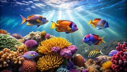 Obraz premium Vibrant Reef Scene Featuring Colorful Fish and Coral Formations in Sunlit Underwater Paradise