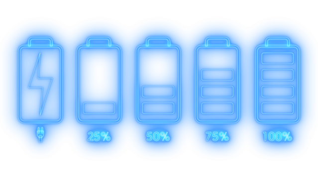 Set of colorful neon blue battery charge level indicator icons showing various stages from charging to full power and percentages, isolated on transparent background - Powered by Adobe