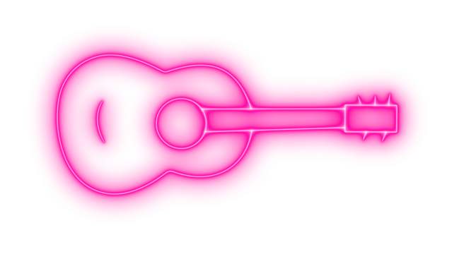 Pink neon glowing guitar outline icon with vibrant light effect for music, entertainment, and modern design projects, isolated on transparent background.