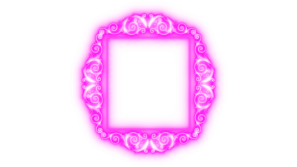 Vibrant glowing pink square frame with intricate white scrollwork patterns and elegant ornamental flourishes for design elements, art, or borders, isolated on transparent background.