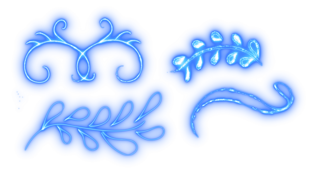 Set of colorful glowing neon ornamental swirl and leaf designs with abstract floral elements, vibrant digital art illustration isolated on transparent background