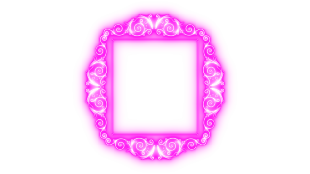 Vibrant glowing pink square frame with intricate white scrollwork patterns and elegant ornamental flourishes for design elements, art, or borders, isolated on transparent background.