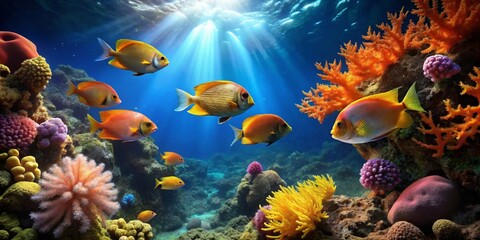 Obraz premium Vibrant Reef Scene Featuring Colorful Fish and Coral in Sunlit Underwater Paradise