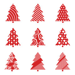 A Modern Christmas element set featuring red trees with stylish abstract line patterns. Christmas Elements Concepts Vector Illustration Design