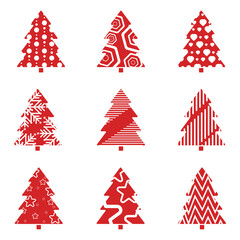 A cheerful assortment of red holiday trees with polka dots, zigzags, and stars. Christmas Elements Concepts Vector Illustration Design